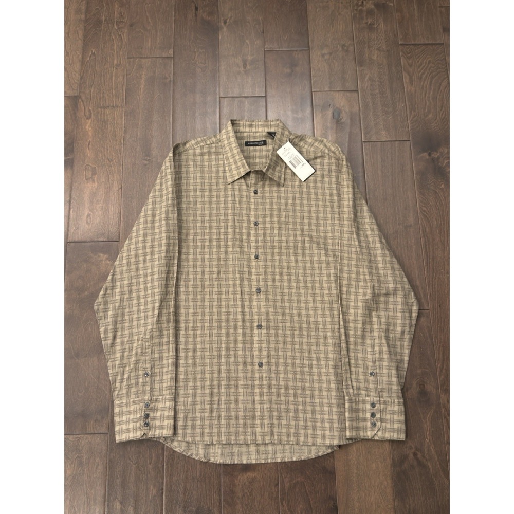 NWT Kenneth Cole Long‎ Sleeve Geometric Print Brown Button Down Shirt Size 2XL - Picture 2 of 7